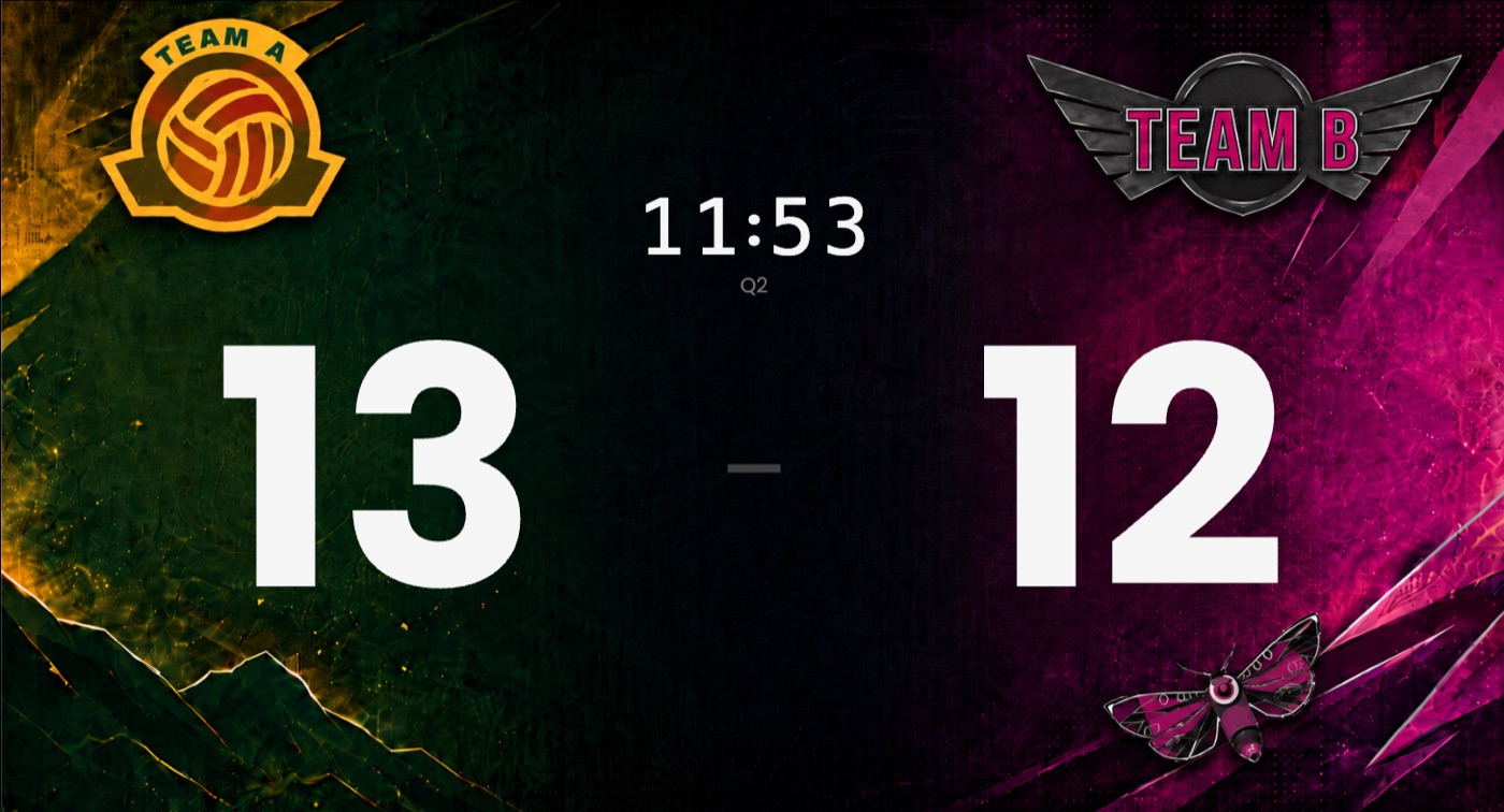 CourtSide scoreboard skin with two club badges on split team colours.