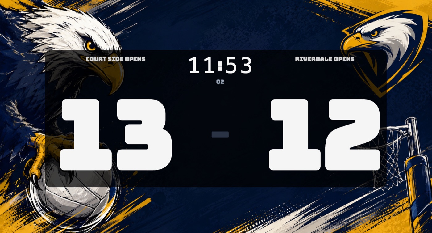 CourtSide live scoreboard with a custom club skin: eagle artwork in navy and gold, team names, running clock and score.